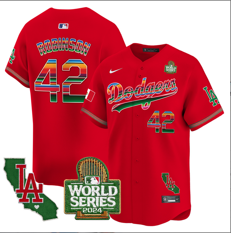 Men MLB Mexico Los Angeles Dodgers #42 Robinson red 2024 World Series Champions Patch Jersey 20241105->los angeles dodgers->MLB Jersey